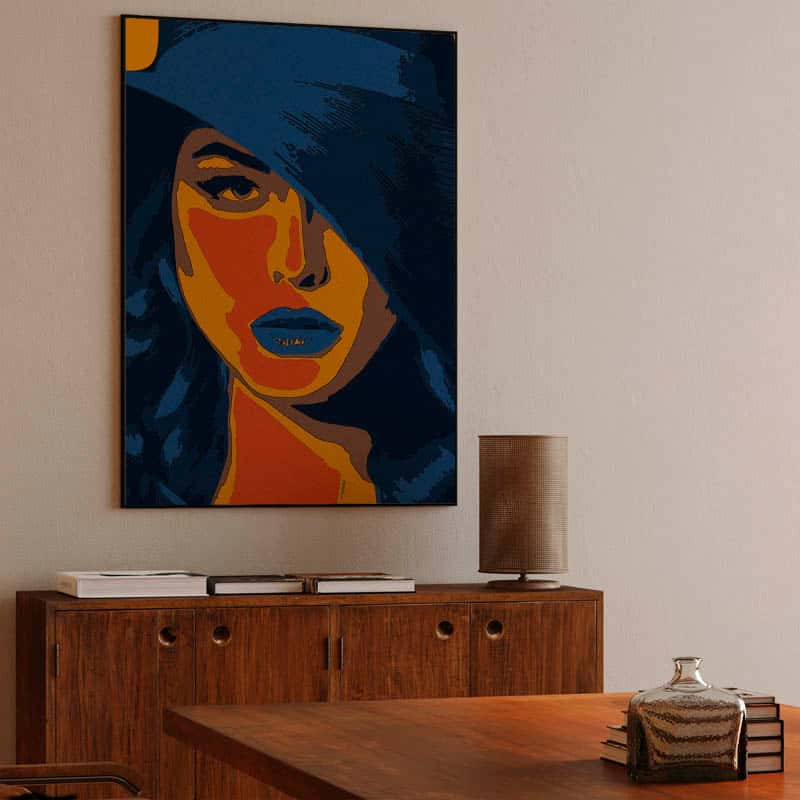 portrait illustration of a woman with blue hair and blue lipstick, colorful wall art thumbnail 3