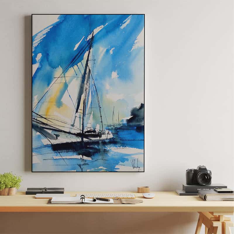 Blue and yellow sailboat, blue watercolor seascape painting thumbnail 2