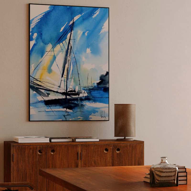 Blue and yellow sailboat, blue watercolor seascape painting thumbnail 3