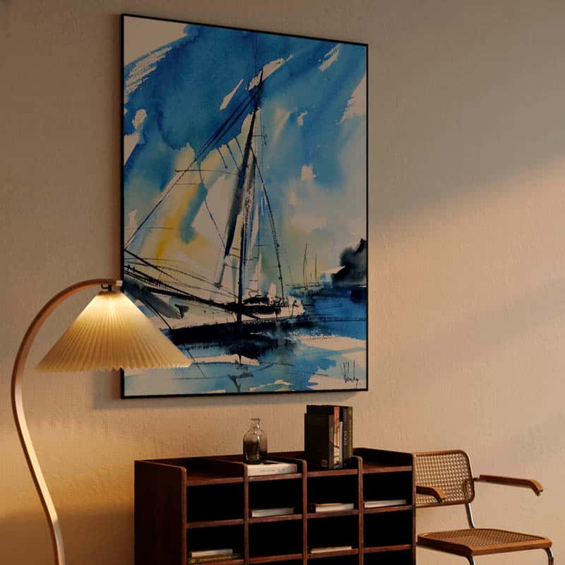 Blue and yellow sailboat, blue watercolor seascape painting thumbnail 4