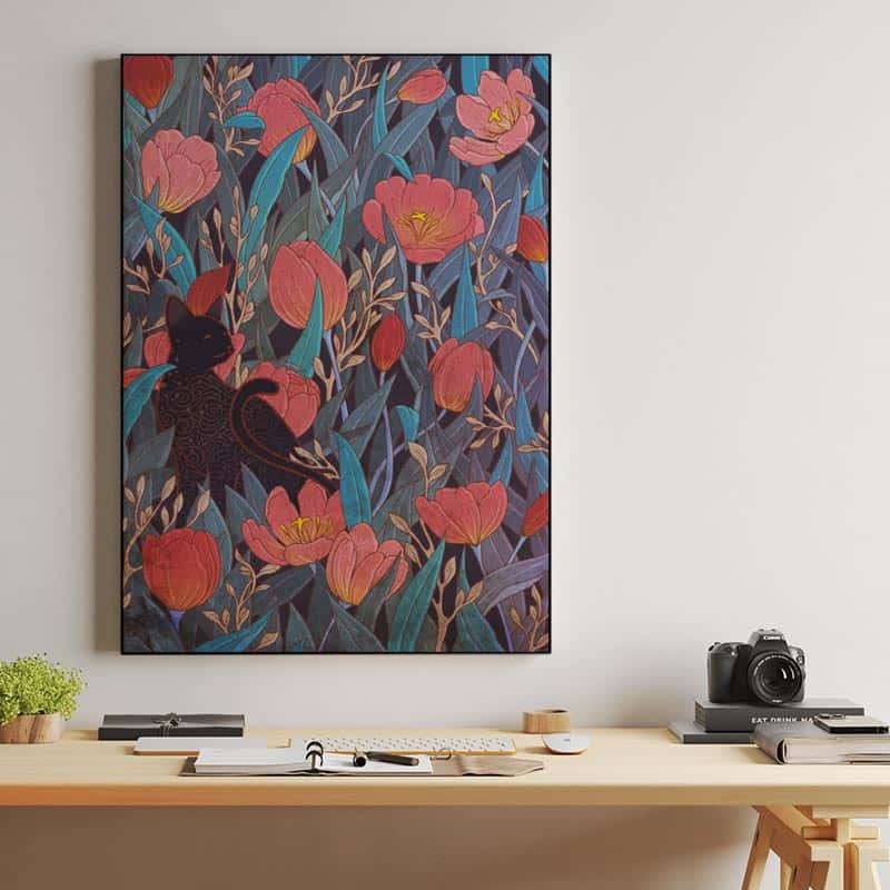 Black cat and tulips thumbnail 2