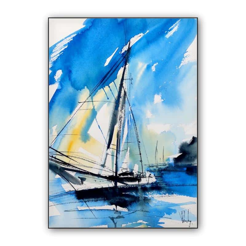 Blue and yellow sailboat, blue watercolor seascape painting thumbnail 1