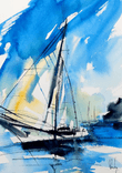 Blue and yellow sailboat, blue watercolor seascape painting thumbnail 5