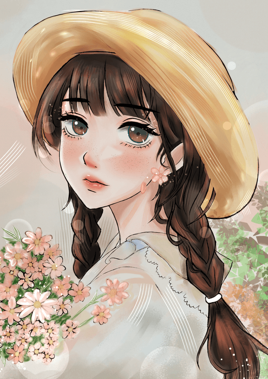 Beoutiful anime girl , spring flowers preview