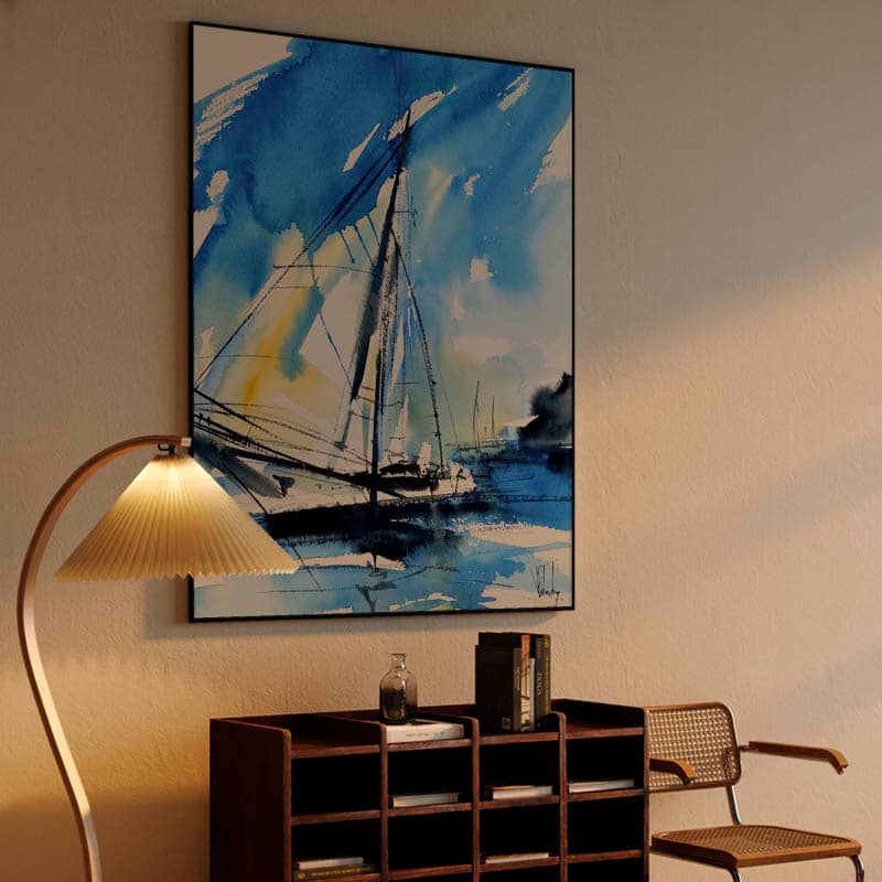 Blue and yellow sailboat, blue watercolor seascape painting preview