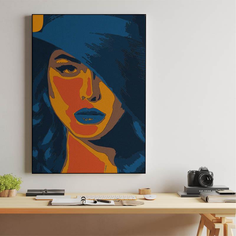 portrait illustration of a woman with blue hair and blue lipstick, colorful wall art