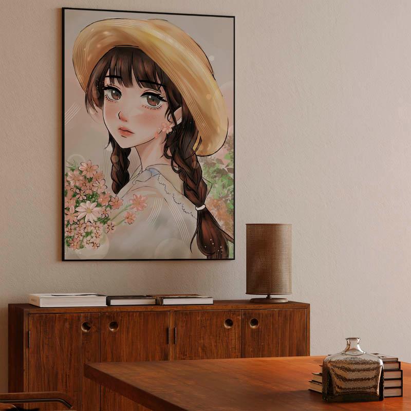 Beoutiful anime girl , spring flowers