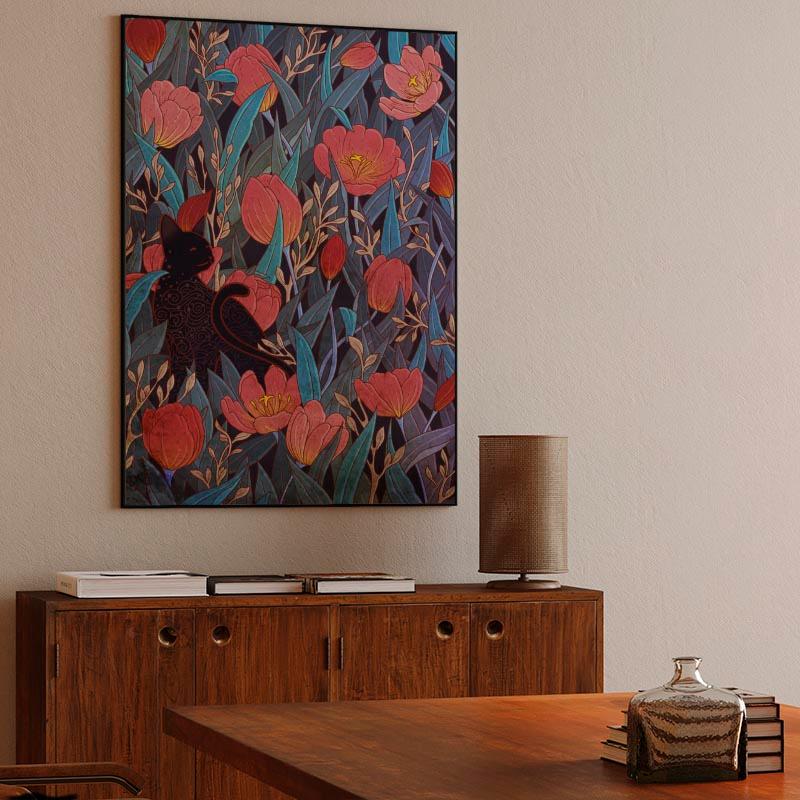 Black cat and tulips