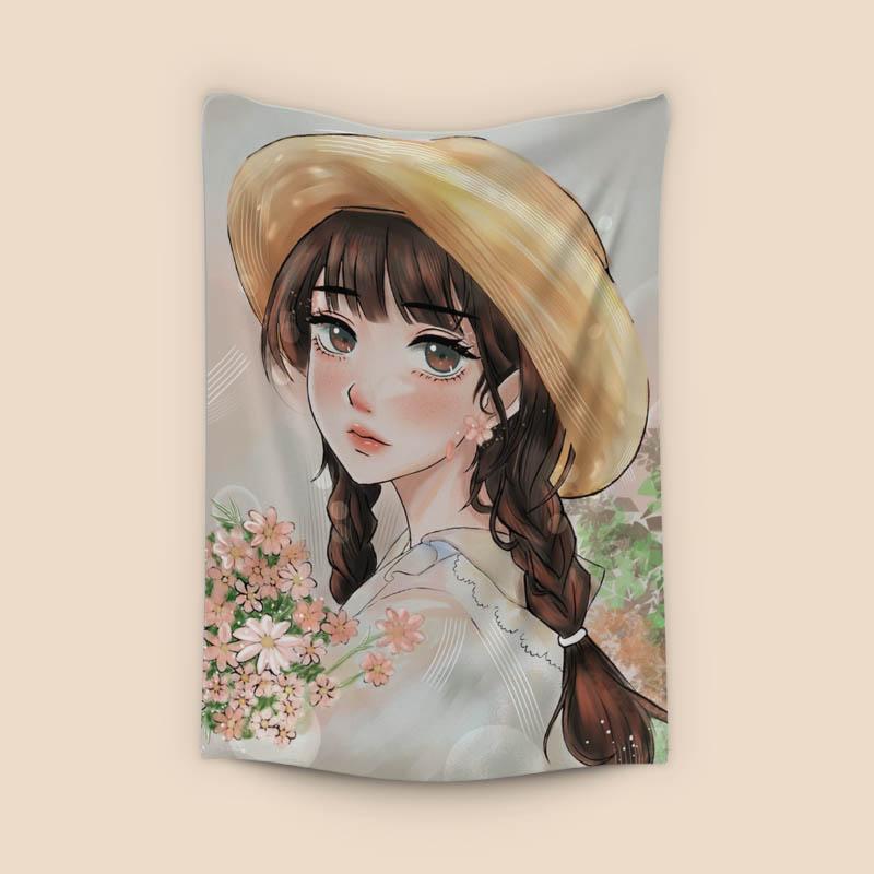 Beoutiful anime girl , spring flowers