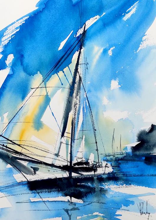 Blue and yellow sailboat, blue watercolor seascape painting