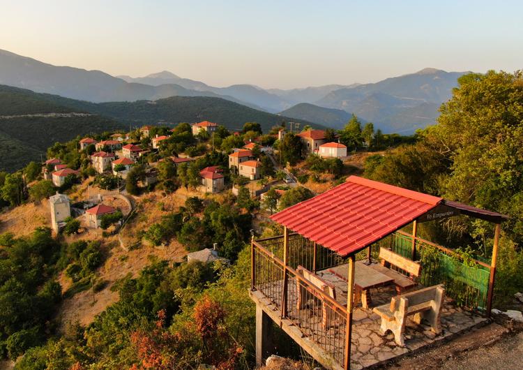 Village and observatory at sunset
