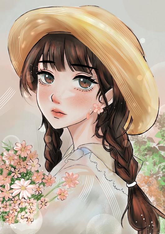 Beoutiful anime girl , spring flowers