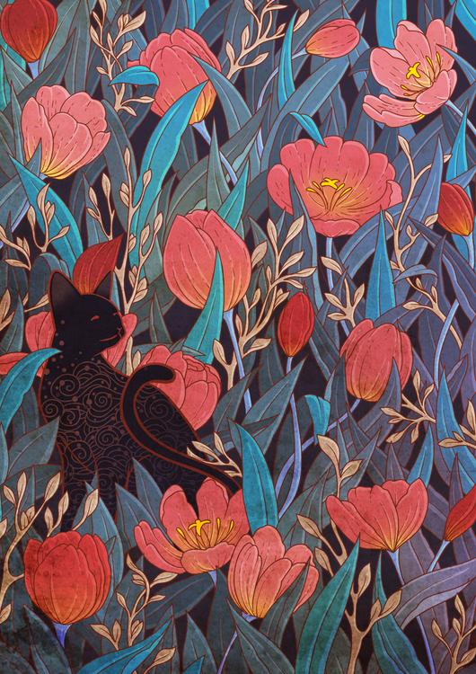 Black cat and tulips