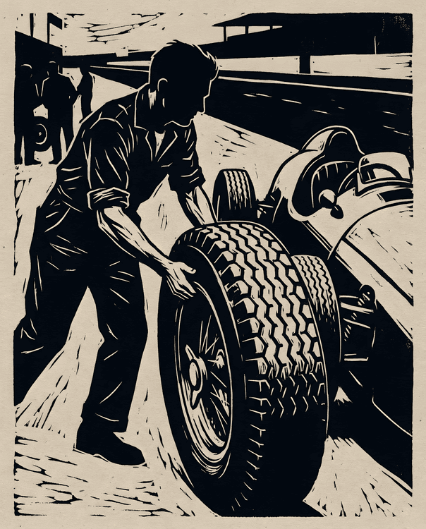 Vintage Pit Stop Woodcut