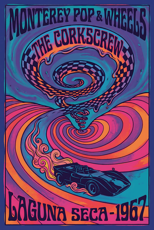 Psychedelic Corkscrew: Laguna Seca 1967 Vintage Racing Poster