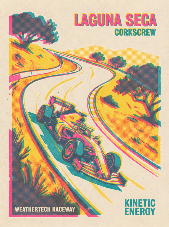 Kinetic Energy: Laguna Seca Corkscrew Retro Racing Poster