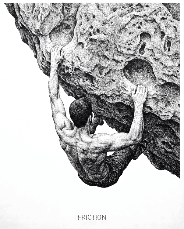 Friction: Stippled Rock Climbing Illustration