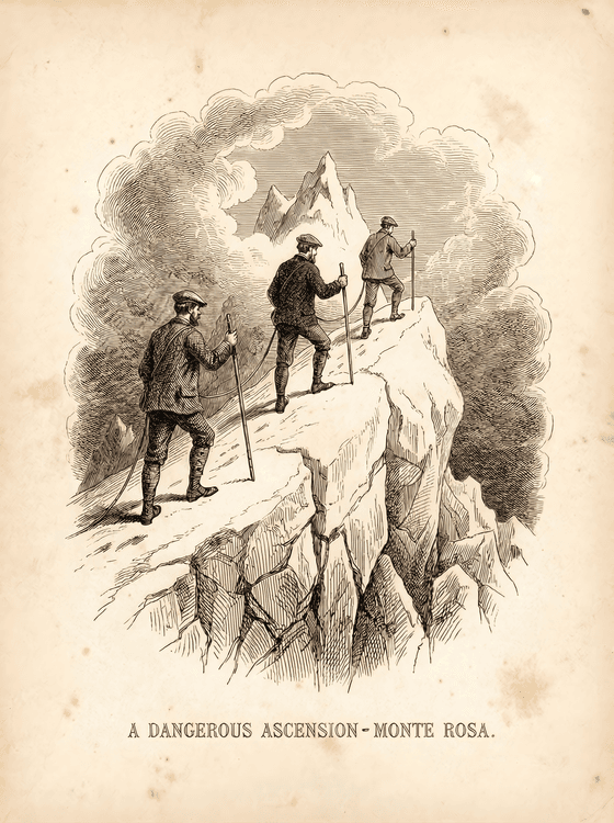 A Dangerous Ascension: Vintage Monte Rosa Mountaineering Engraving