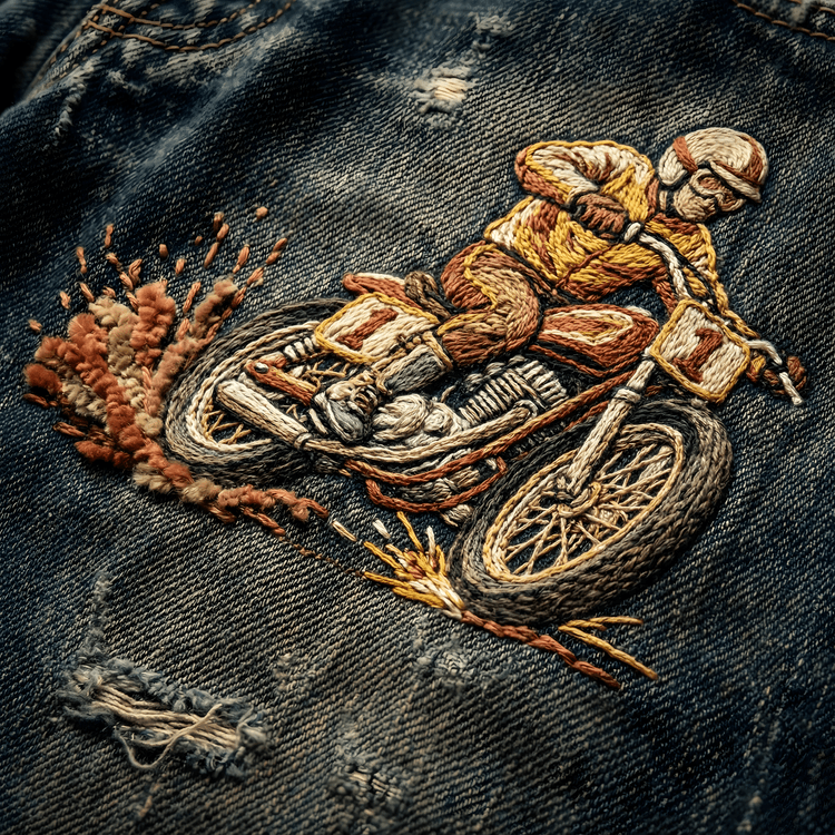 Threaded Torque: Vintage Scrambler Embroidery on Denim
