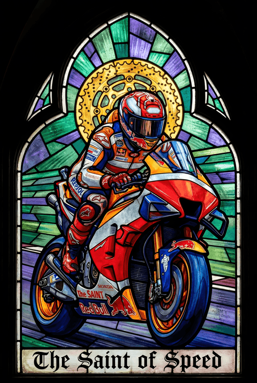 The Saint of Speed: Gothic Stained Glass Sportbike Art