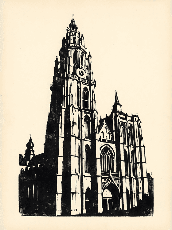 Antwerp Cathedral Woodcut Illustration