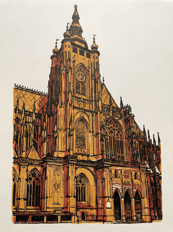 St. Vitus Cathedral Golden Woodcut Illustration