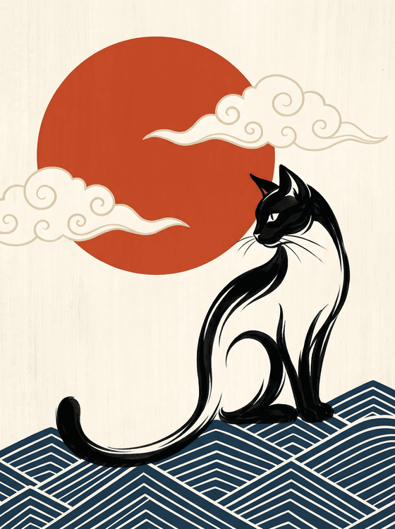 Celestial Zen: Japanese Style Black Cat & Rising Sun