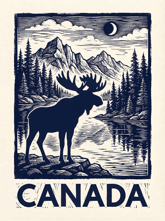 Majestic Canada Moose Woodcut Travel Poster
