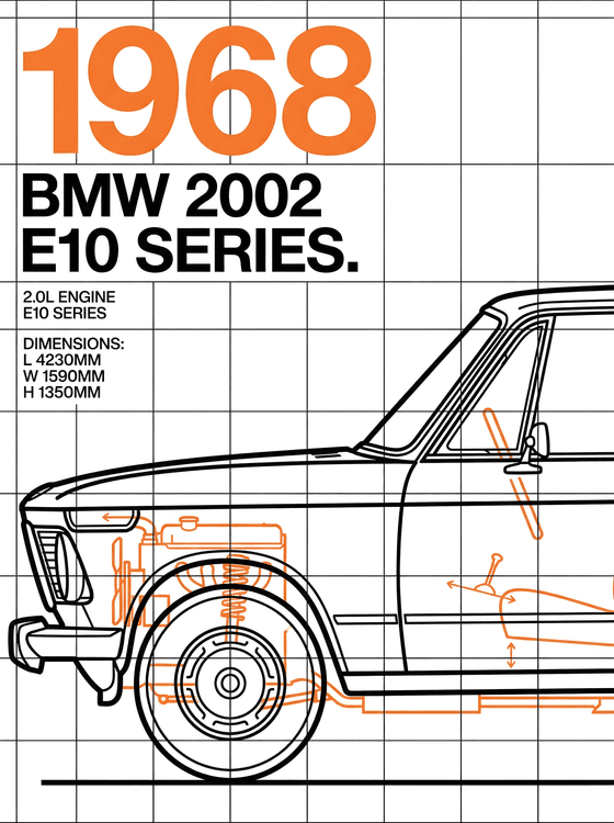 BMW 2002 E10 Series 1968 Technical Blueprint Poster