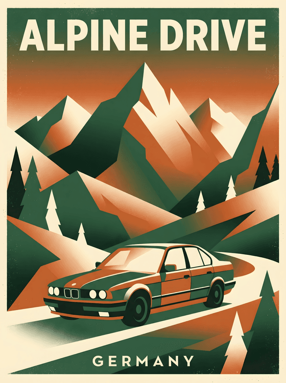 Alpine Drive: BMW E34 Germany Travel Poster