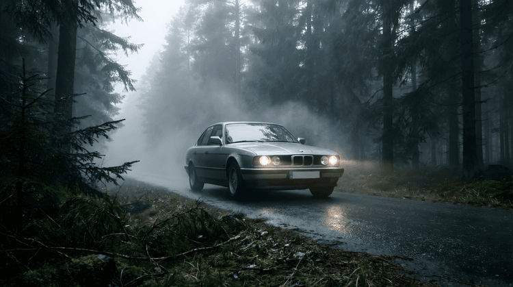 BMW E34: Foggy Forest Sentinel