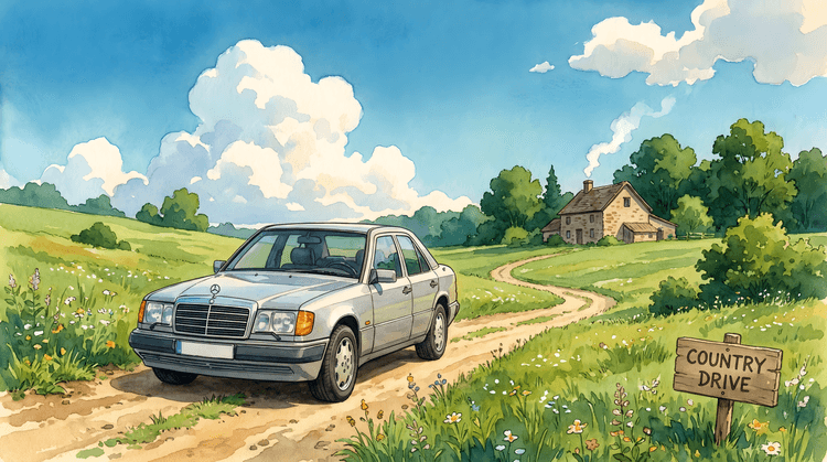 W124 Country Drive: Pastoral Watercolor Illustration