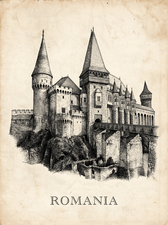 Corvin Castle Romania: Vintage Ink Illustration