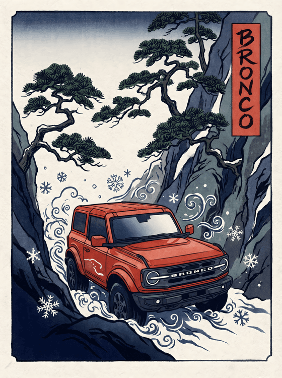 Winter Spirit: Ford Bronco Ukiyo-e Mountain Pass