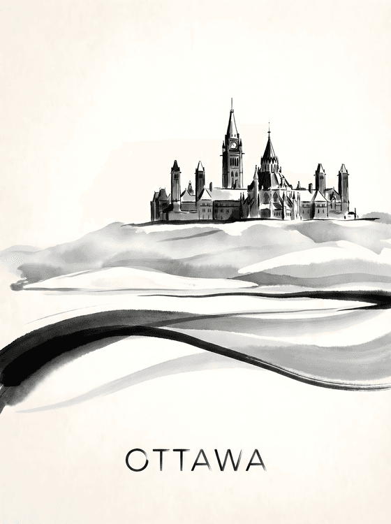 Ottawa Parliament Hill Ink Wash Illustration