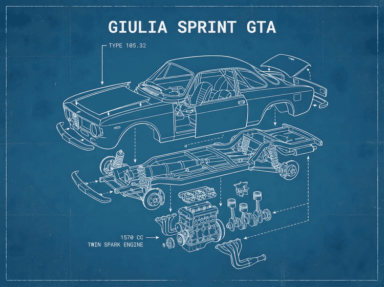 Alfa Romeo Giulia Sprint GTA Exploded View Blueprint