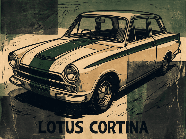 Lotus Cortina Heritage Woodcut Poster