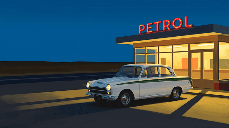 Nocturnal Refuel - Lotus Cortina at the Gas Station