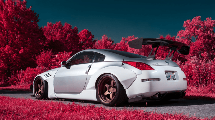 Infrared Zenith: Widebody Nissan Z33 in the Pink Forest
