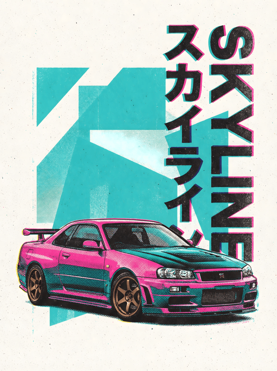 Skyline GT-R R34 Vaporwave Halftone Illustration