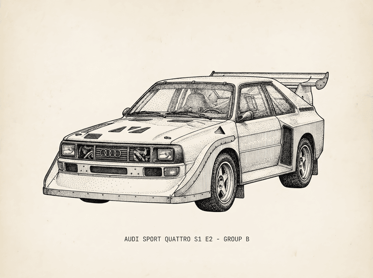 Audi Sport Quattro S1 E2: Meticulous Ink Illustration
