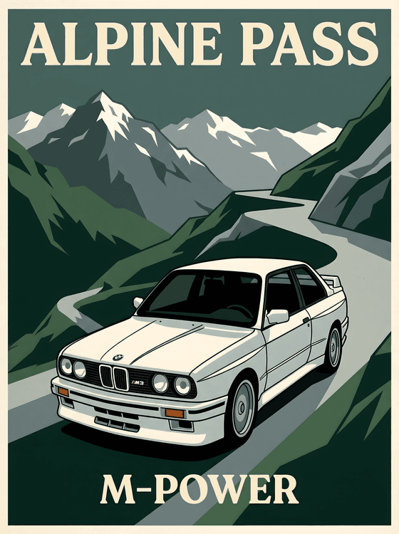 BMW E30 M3 Alpine Pass Retro Poster