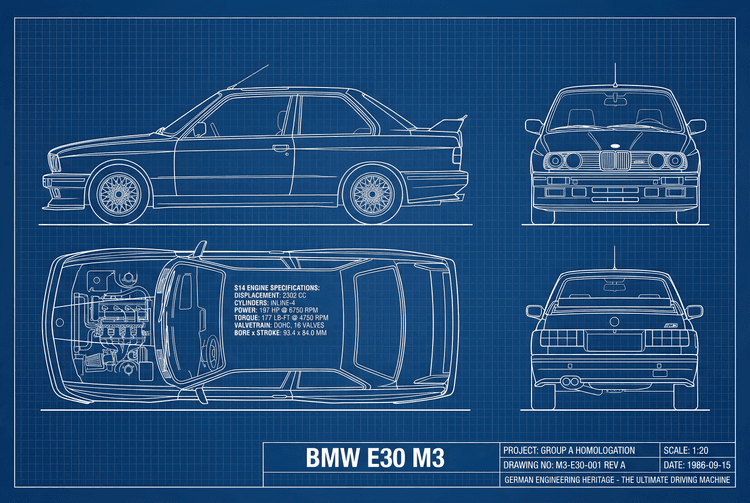BMW E30 M3 Technical Blueprint Poster