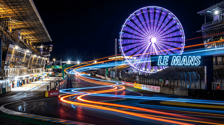 Le Mans Nocturnal Velocity: Light Trails at the Pit Straight