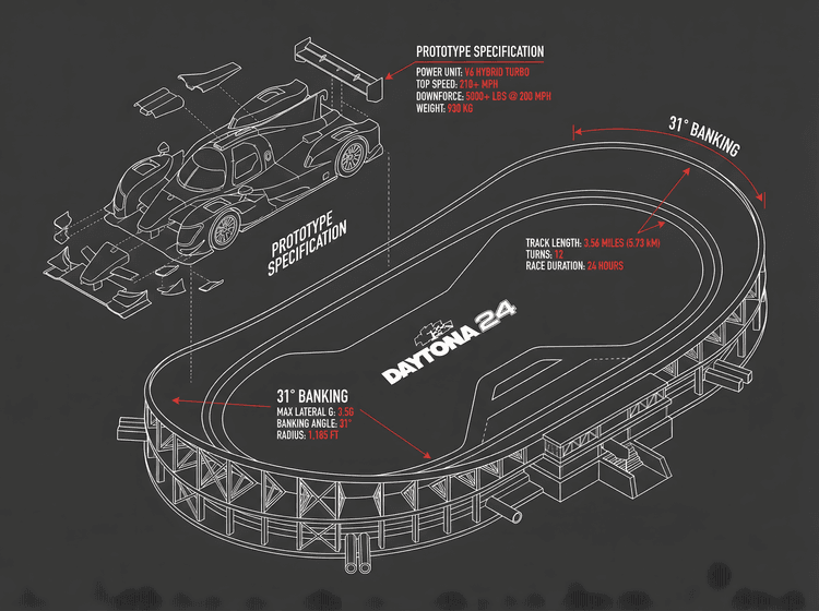 Daytona 24 Technical Blueprint: Prototype & Track Infographic