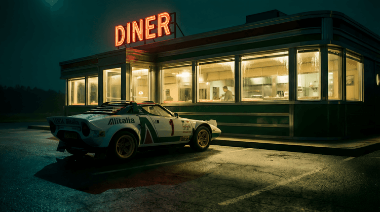 Midnight Pit Stop: Lancia Stratos at the Neon Diner