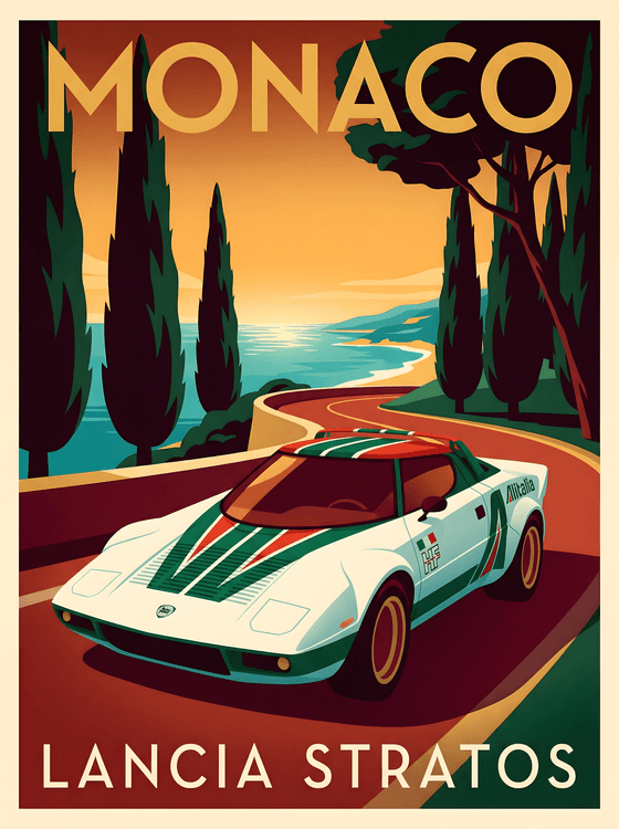 Monaco Sun: Lancia Stratos Alitalia Heritage Poster