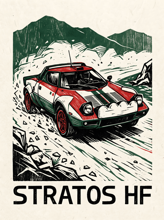 Lancia Stratos HF: Mountain Pass Linocut Art