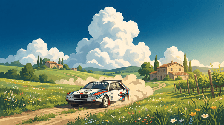 Lancia Delta S4: Italian Countryside Rally in Studio Ghibli Style