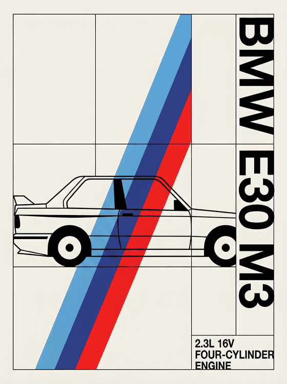 BMW E30 M3 Swiss Style Technical Poster